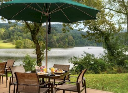 Outdoor dining setup by a lake with a green umbrella, chairs, and a tree.