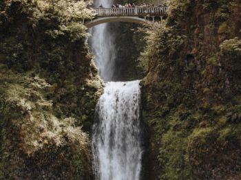 The image shows a scenic waterfall with two cascades and a bridge in between, surrounded by lush greenery and steep rock formations.