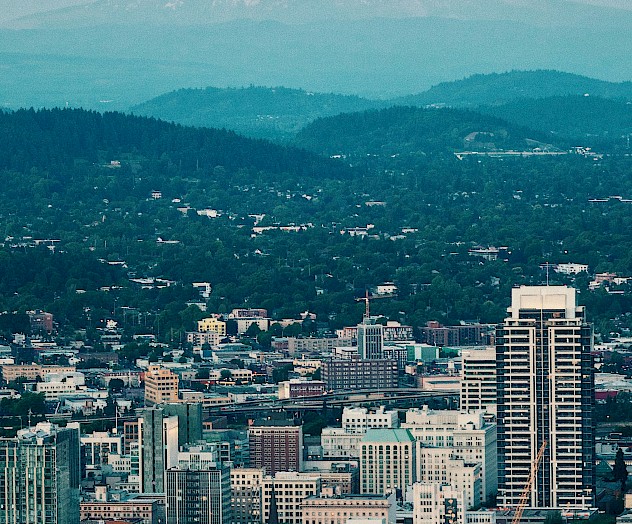 A cityscape with tall buildings in the foreground and a snow-capped mountain in the background over a lush, green landscape.