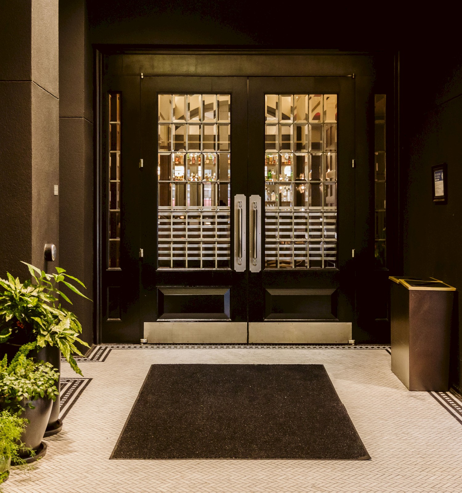 Double glass doors with plants on either side; a black mat and a small mailbox are in front of the doors, ending the sentence.
