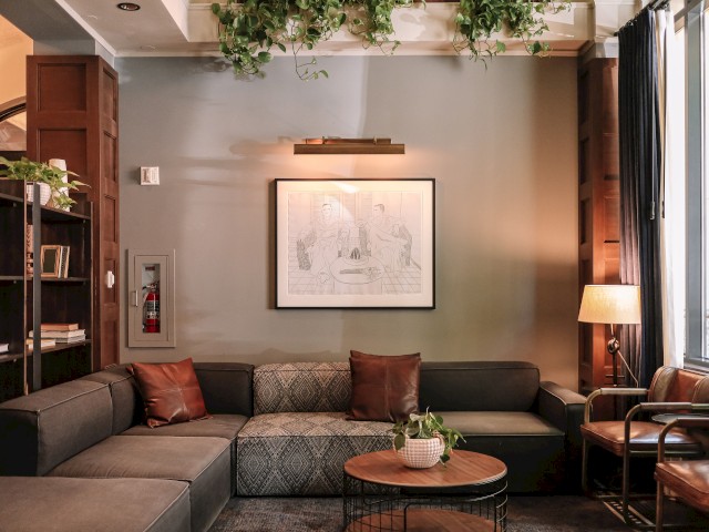 A cozy living room with a sectional sofa, a coffee table with a plant, bookshelves, framed art, and warm lighting from a table lamp.