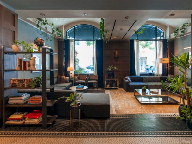 A cozy living room with bookshelves, indoor plants, comfortable sofas, large windows, and ample natural light, creating a relaxing ambiance.