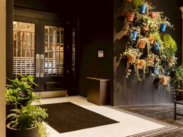 The image shows a building entrance with a door, a mat, plants, and hanging pots on the wall.