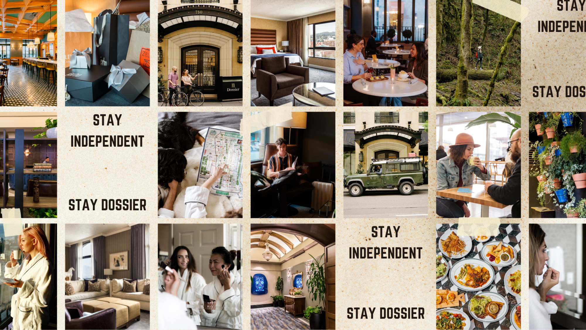 This image is a collage featuring hotel interiors, guests, food, and text “STAY INDEPENDENT, STAY DOSSIER” promoting a hotel experience.