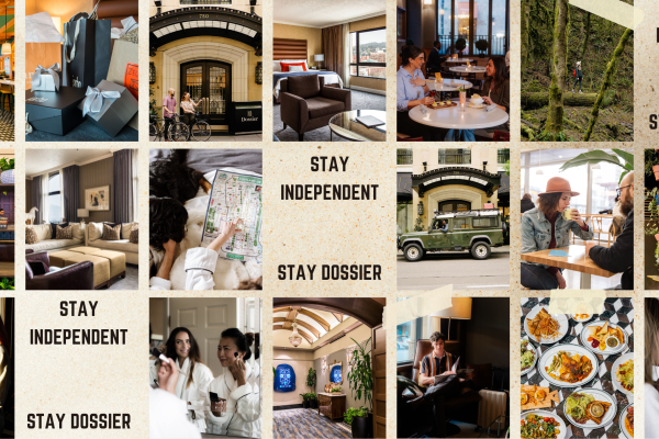 This collage image features hotel settings, dining, leisure activities, and the phrases 