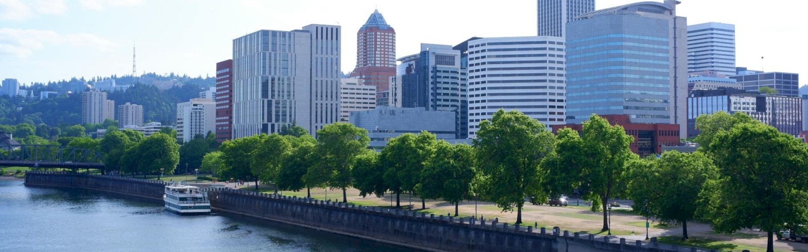 A city skyline with modern high-rise buildings, a river in the foreground, and green trees along the riverbank on a bright day.