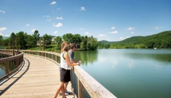 Two individuals are standing on a lakeside boardwalk on a sunny day, surrounded by greenery.
