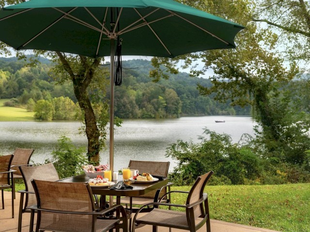 Outdoor dining setup by a serene lake with a green umbrella.
